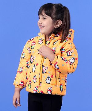 Babyhug Full Sleeves Hooded Jacket Penguin Print - Yellow
