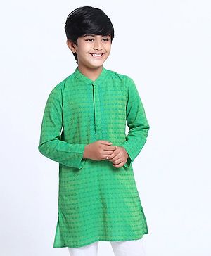 Pine Kids Full Sleeve Boys Kurta with Embroidered Placket with Matching Mask - Green