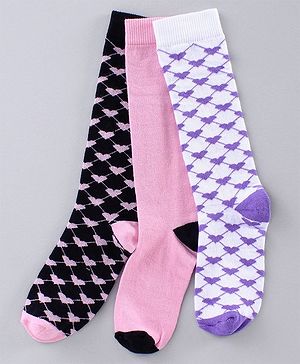 Pine Kids Mid Calf Socks Heart Design Pack of 3 - Pink White Navy Blue