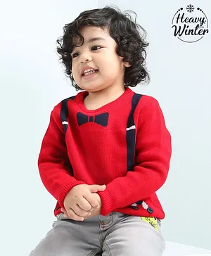 Babyoye Acrylic Full Sleeves Sweater Suspenders & Bow Design - Red