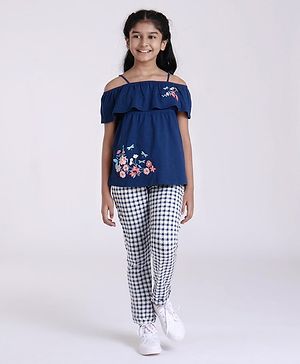 Pine Kids Biowash Singlet Embroidered Top & Check Pant - Navy Blue