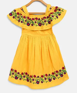Bella Moda Short Sleeves Flower Embroidery Detailing Cold Shoulder Dress - Yellow