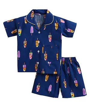 IndiUrbane Half Sleeves All Over Popsicle Printed Night Suit - Navy Blue