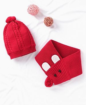 Babyhug Cable Knit Cotton Cap with Muffler - Red