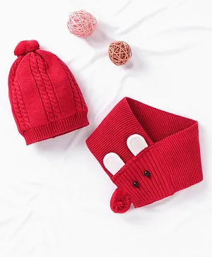 Babuhug Cable Knit Cotton Cap with Muffler - Red