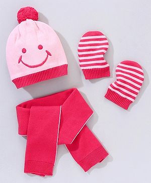 Babyhug Woollen Cap with Muffler and Mittens Pink - Diameter 11 cm