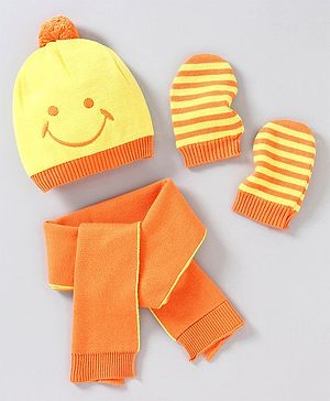 Babyhug Woollen Cap with Muffler and Mittens Yellow - Diameter 11 cm