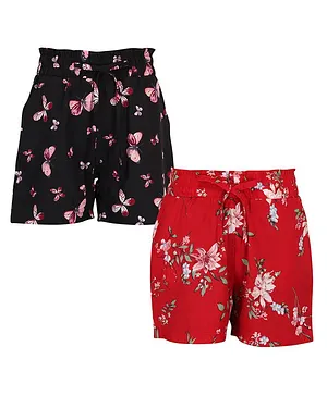 Cutecumber Pack Of 2 Floral & Butterflies Printed Shorts - Black & Red