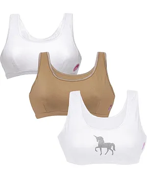 D'chica Pack Of 3 Solid & Unicorn Printed Non Wired Beginner Bras - White & Beige