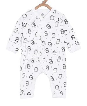 The Mom Store Full Sleeves Penguin Print Infant Jabla Romper - White