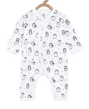 The Mom Store Full Sleeves Penguin Print Infant Jabla Romper - White