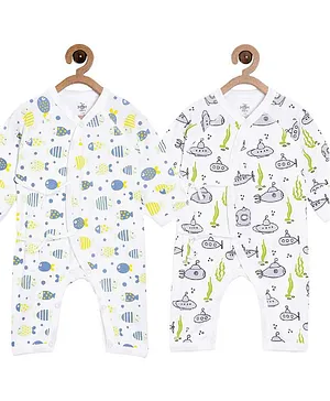 The Mom Store Pack of 2 Full Sleeves Fishy & Submarine Print Infant Jabla Romper - White