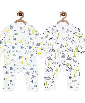 The Mom Store Pack of 2 Full Sleeves Fishy & Submarine Print Infant Jabla Romper - White