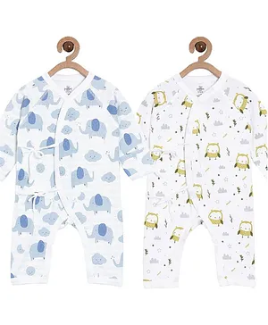 The Mom Store Pack of 2 Full Sleeves Elephant & Owl Print Infant Jabla Romper - White