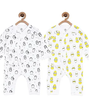 The Mom Store Pack of 2 Full Sleeves Penguin & Chicken Print Infant Jabla Rompers - White