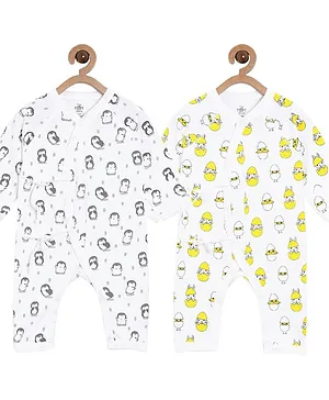 The Mom Store Pack of 2 Full Sleeves Penguin & Chicken Print Infant Jabla Rompers - White