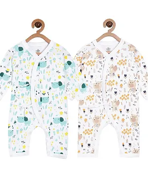 The Mom Store Pack of 2 Full Sleeves Puppy & Bear Print Infant Jabla Rompers - White