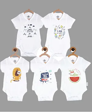 The Mom Store Short Sleeves Pack Of 5 Animal & Text Print Onesies - White