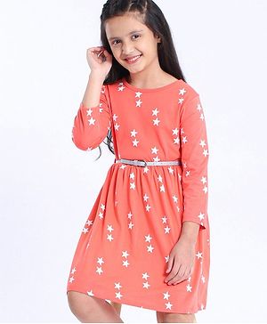 Pine Kids Full Sleeves Frock Star Print - Peach