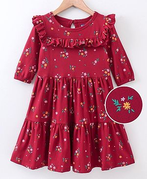 Pine Kids Full Sleeves Biowashed Frock Floral Print - Beet Red