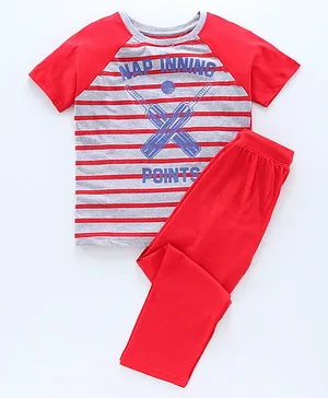 Pine Kids Raglan Sleeves Stripe Night Suit Cricket Print - Grey Red