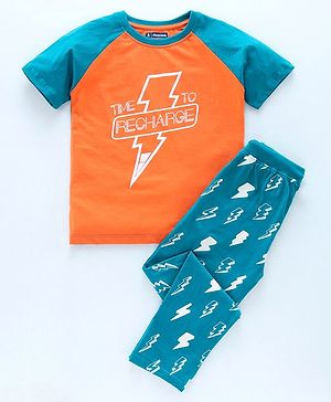 Pine Kids Half Sleeves Bio Washed T-Shirt & Pajama Set Thunder Graphic - Orange & Blue