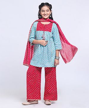 Pine Kids Printed Kurti & Palazzo with Dupatta - Blue