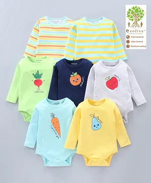 Babyoye 100%Cotton Full Sleeves Onesies Fruits Print Pack of 7 - Multicolour