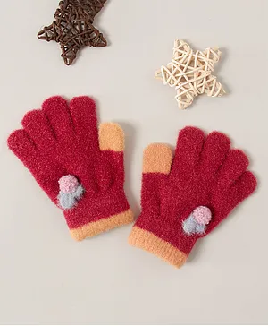 Babyhug Woollen Gloves Pom Pom Applique - Peach Red
