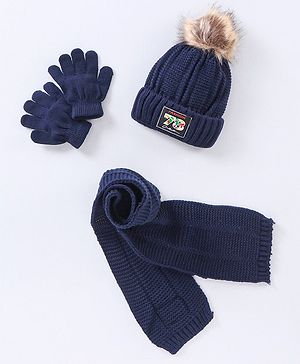 Babyhug Woollen Cap Gloves With Muffler Blue - Cap Diameter 10 cm