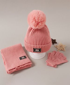 Babyhug Woollen Cap Gloves and Muffler Set Pink - Diameter 11 cm