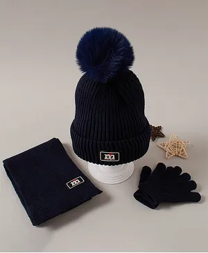 Babyhug Woollen Cap Gloves and Muffler Set Blue - Diameter 11 cm