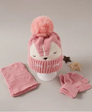 Babyhug Woollen Cap Glove Muffler Set - Pink