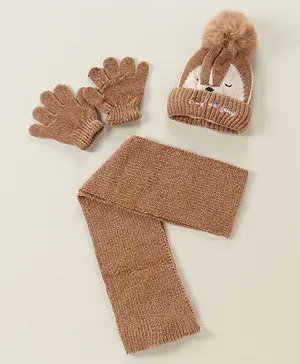 Babyhug Woollen Cap Glove Muffler Set - Brown