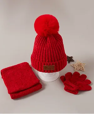 Babyhug Woollen Cap Muffler & Gloves Red - Diameter 13 cm