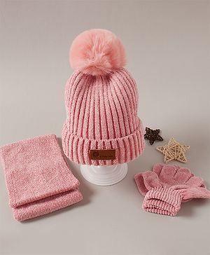 Babyhug Woollen Cap Muffler & Gloves Red - Diameter 12 cm