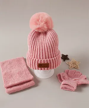 Babyhug Woollen Cap Muffler & Gloves Pink - Diameter 13 cm