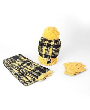Babyhug Woollen Checks Cap & Muffler With Gloves Yellow - Diameter 11 cm
