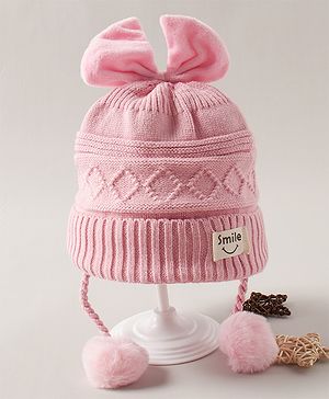Babyhug Woolen Cap with Bow Motif and Pom Pom Pink - Diameter 10 cm