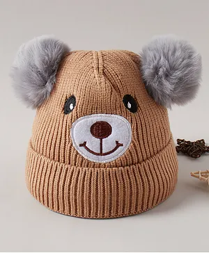 Babyhug Woolen Cap Bear Embroidery Brown - Diameter 14 cm