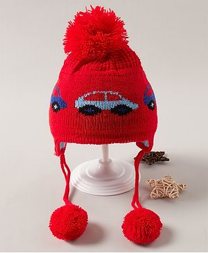 Babyhug Cap with Pom Pom Car Print Red - Diameter 12 cm