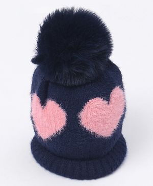 Babyhug Pom Pom Winter Cap Heart Print Blue - Diameter 11 cm