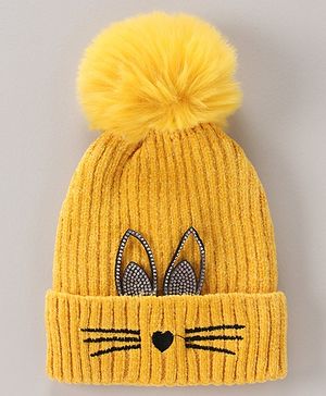 Babyhug Cap with Pom Pom Kitten Design Yellow - Cap Diameter 12 cm (Product Inner Lining Color May Vary)