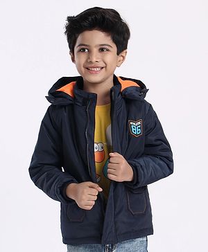 Babyhug Full Sleeves Quilted Hooded Jacket Text Badge - Navy Blue