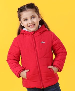 Babyhug Full Sleeves Hooded Padded Winter Crown Dino Patch - Red