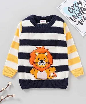 Babyhug Full Sleeves Striped Sweater Lion Patch - Navy Blue