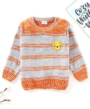 Babyhug Full Sleeves Striped Sweater Tiger Patch - Orange