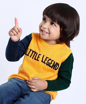 Babyhug Full Sleeves Sweater Little Legend Embroidery - Yellow Blue