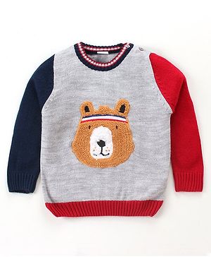 Babyhug Full Sleeves Pull Over Sweater with Bear Patch - Grey