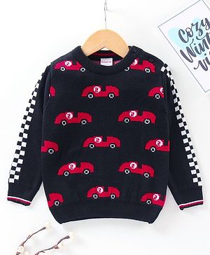 Babyhug Full Sleeves Pullover Sweater Car Print - Navy Blue